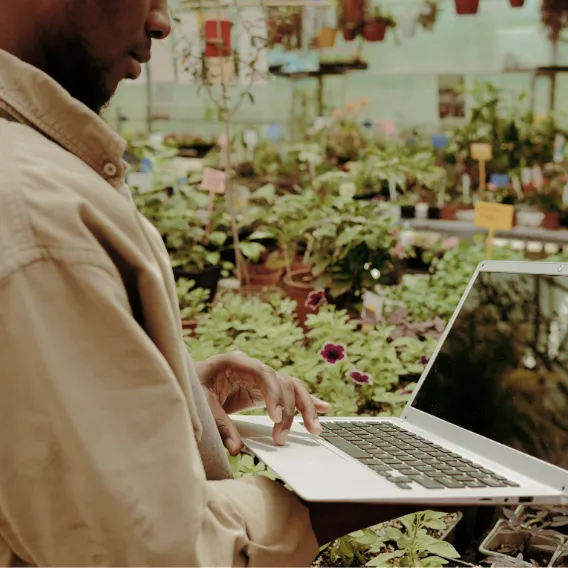 Garden centre owner working on a laptop among plants